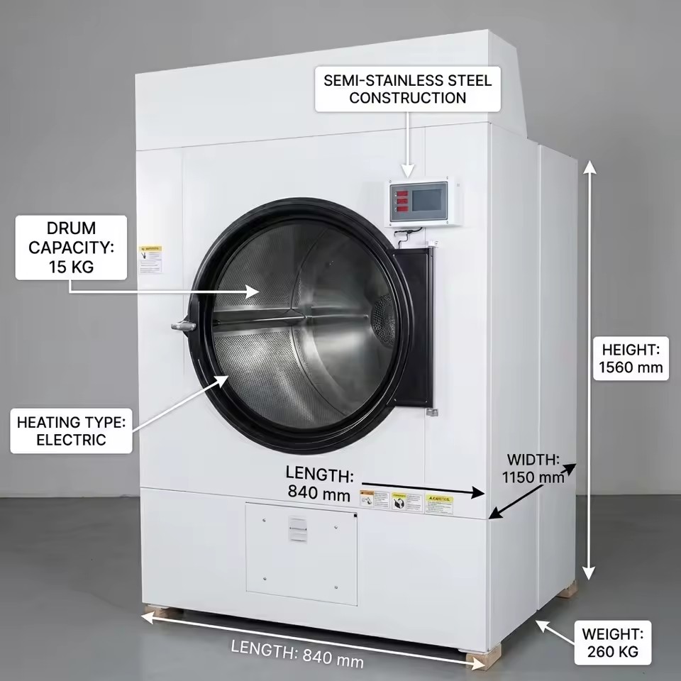 15kg Industrial Tumble Dryer Stainless Steel Drum Commercial Laundry Clothes Drying Machine Electric Gas