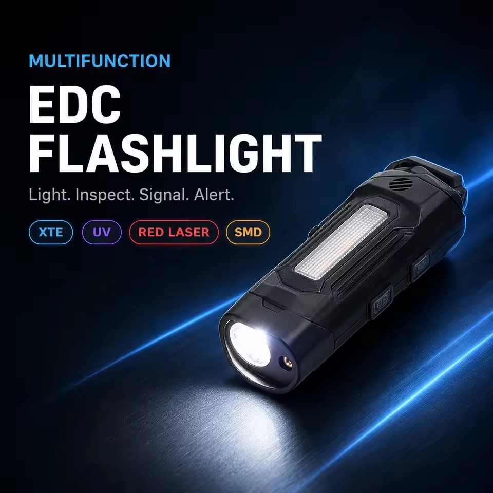 Multifunctional EDC Flashlight with UV Light Red Laser Pointer Emergency Alarm USB Rechargeable Mini High CRI 90 Inspection