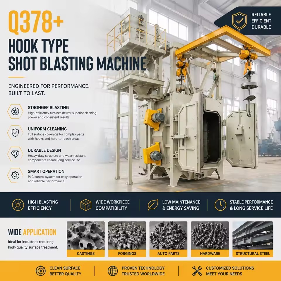 CE Q378 Hook Type Chain Conveyor Shot Blasting Machine Sa2.5 1000kg PLC for Aluminum Wheel Rim Hub Engine Block Descaling