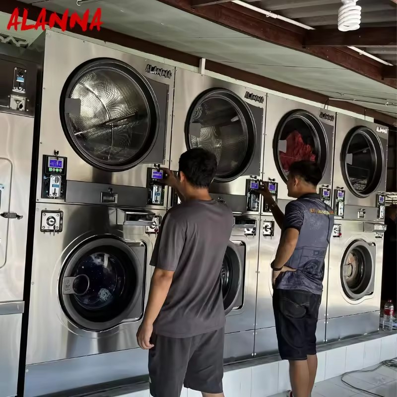 ALANNA 12-25kg Commercial Laundry Machine Stainless Steel Coin Operated Stacked Washer and Dryers for Hotel & Laundromat
