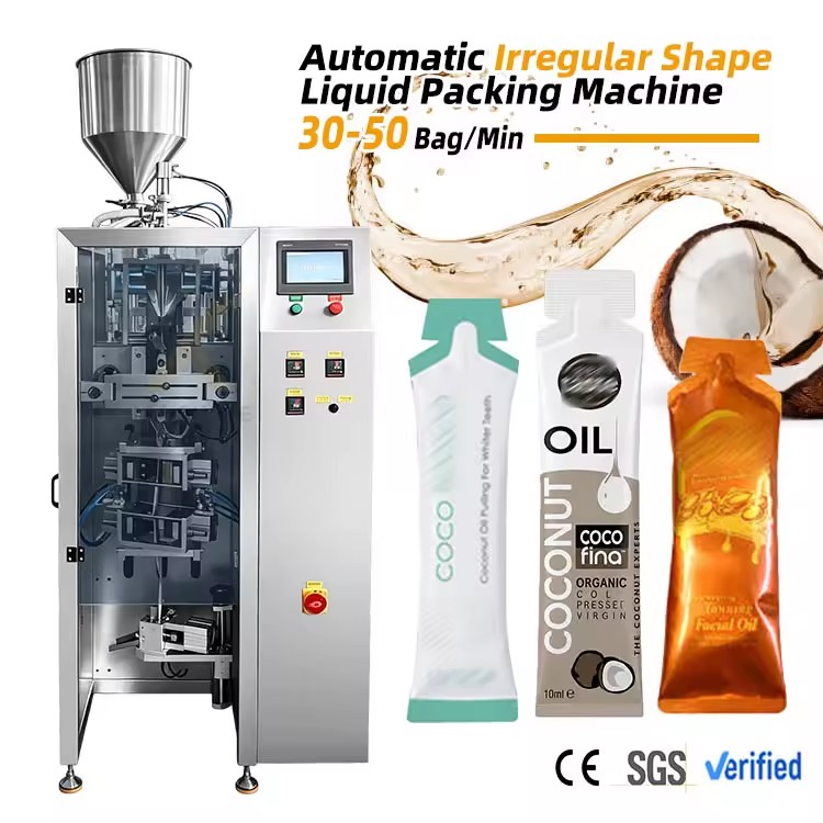 Automatic Bottle Shaped Pouch Packaging Machine Irregular Stick Sachet Coconut Hair Oil Packaging Machine