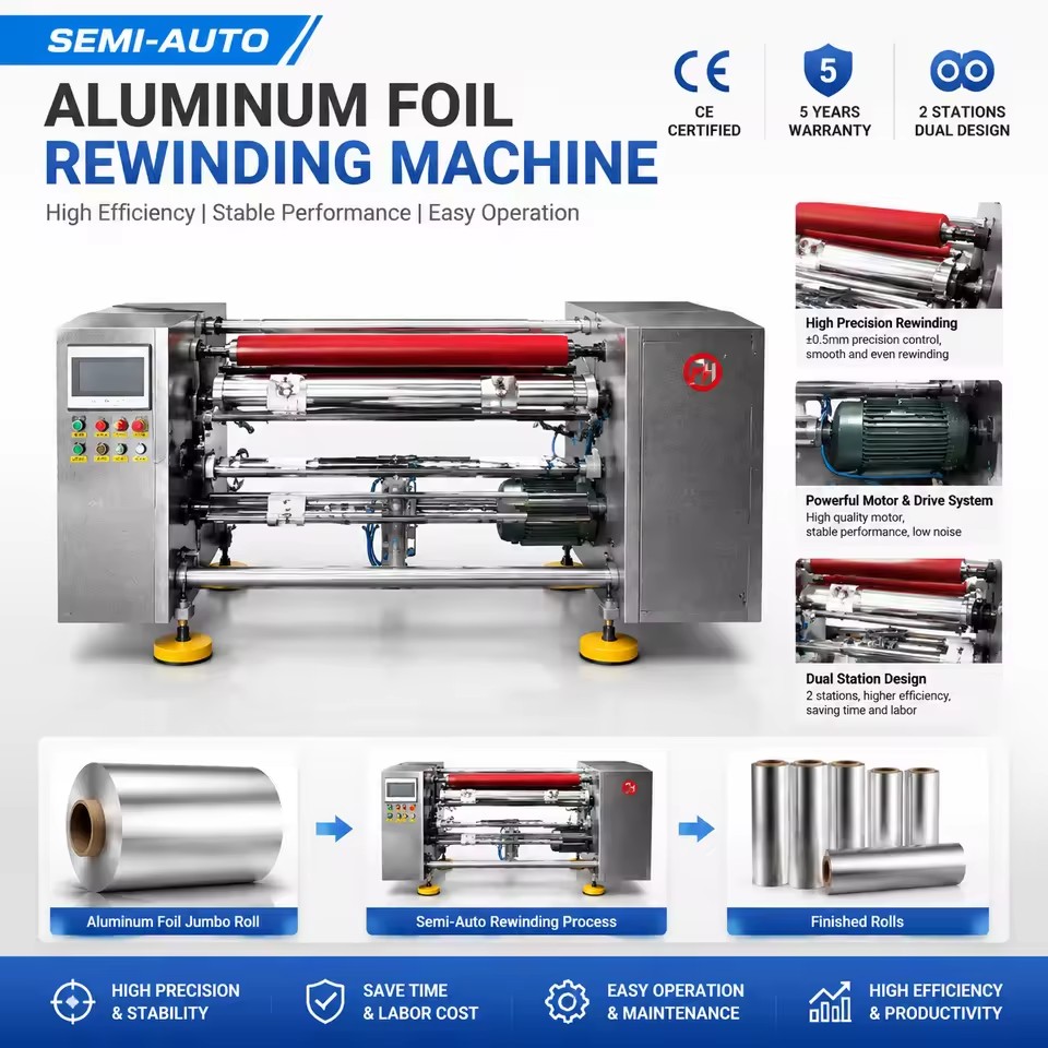 Semi-auto Aluminum Foil Rewinding Machine Dual Shaft High Speed 400m/min Foil Roll Making Equipment with CE