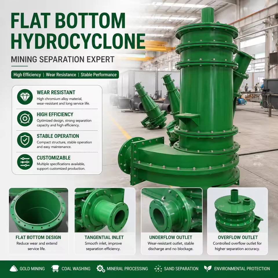 Wear Resistant Flat Bottom Hydrocyclone Gold Separator Hydrocyclone Classifier Mining Equipment for Ore Beneficiation Plant