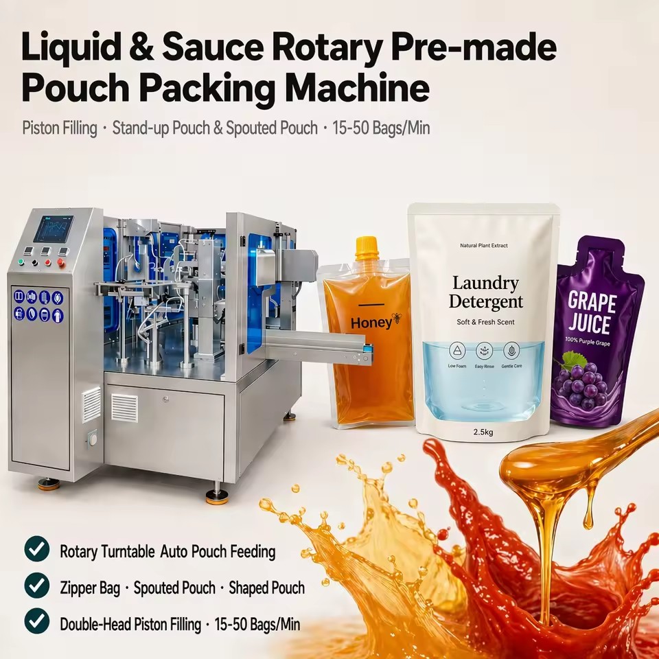 Liquids &Sauces Premade Pouch Packing Machine 15-50 Bags/Min Piston Filling for Stand-up Pouch Spout Pouch Special-shaped Pouch