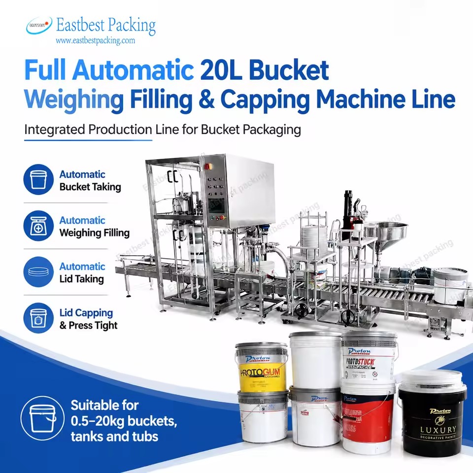 Fully Automatic Stainless Industrial 20L Bucket Weighing Filling Capping Machine Line with Conveyor for Paint Packaging