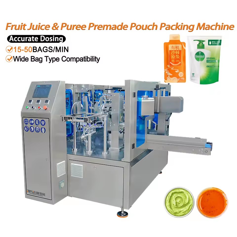 Automatic Fruit Juice & Puree Premade Pouch Packing Machine 15-50 Bags/Min Piston Filling for Stand-up Pouch