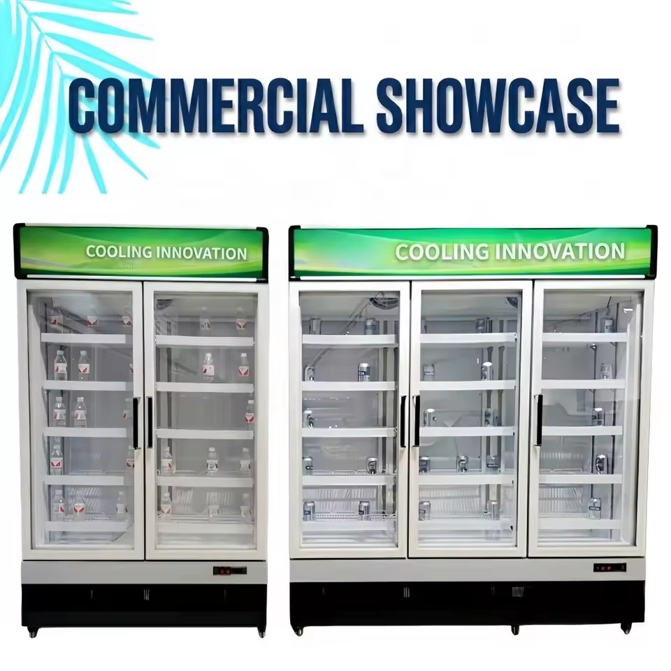 Vertical Frozen Showcase Freezer Double Layer Anti-Fog Tempered Glass Door Deep Freezer with Custom LED Billboard Lightbox
