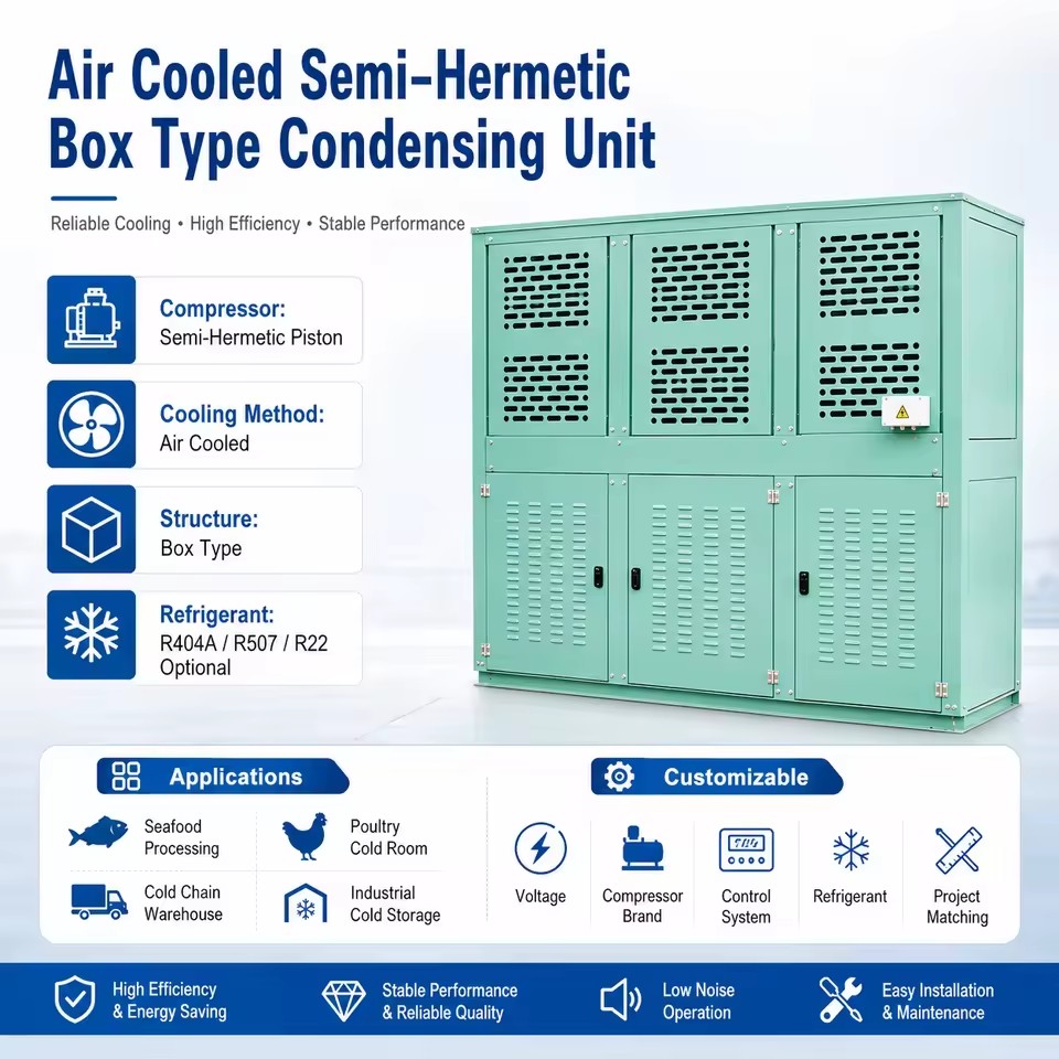 Box Type Air Cooled Semi-Hermetic Compressor Condensing Unit for Cold Chain Warehouse Refrigeration System Energy Saving