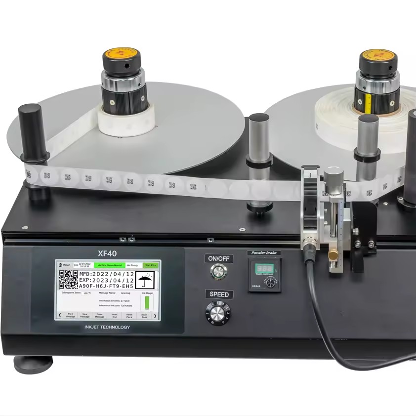 XF40 High Speed Marking Machine Mini Roll Label Rewinder with TIJ Thermal Inkjet Printer for QR Code BAR Code GS1 Code