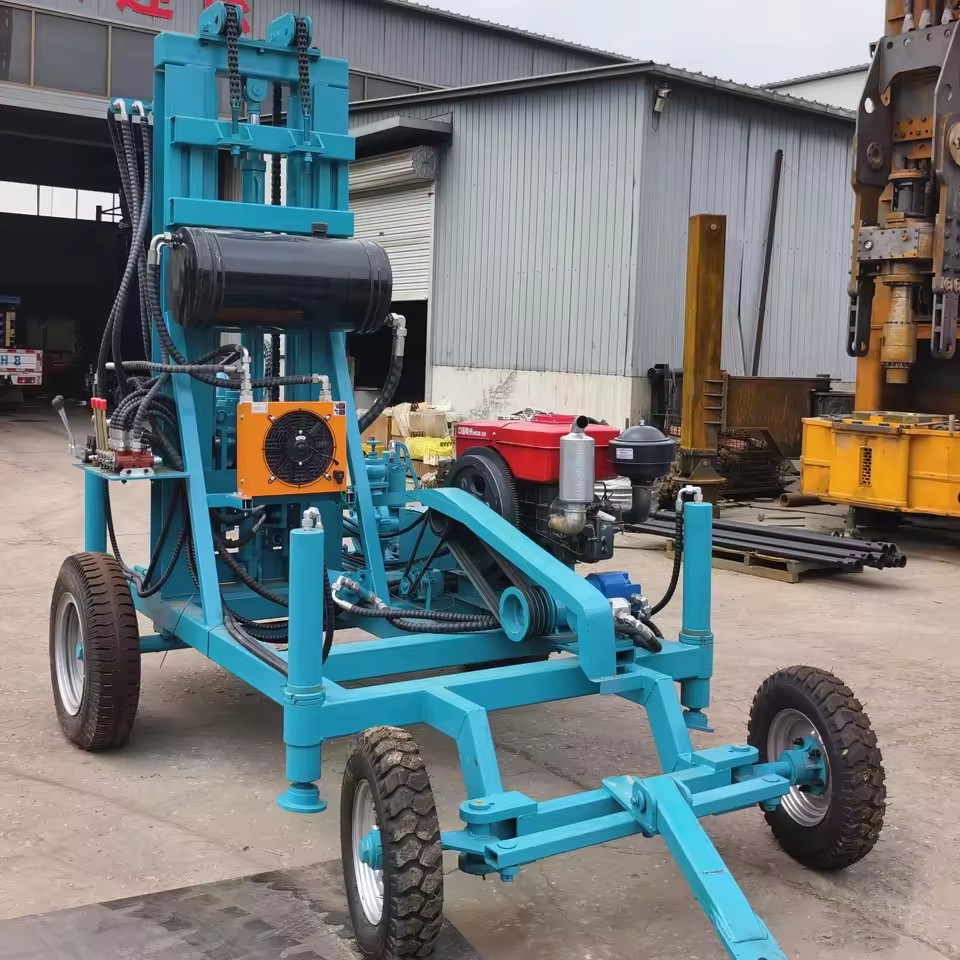Small Portable Hydraulic Diesel 32HP Rotary Borehole Water Well Drill Rig Gearbox Max 200m Depth 75-300mm Diameter Wheels Farm