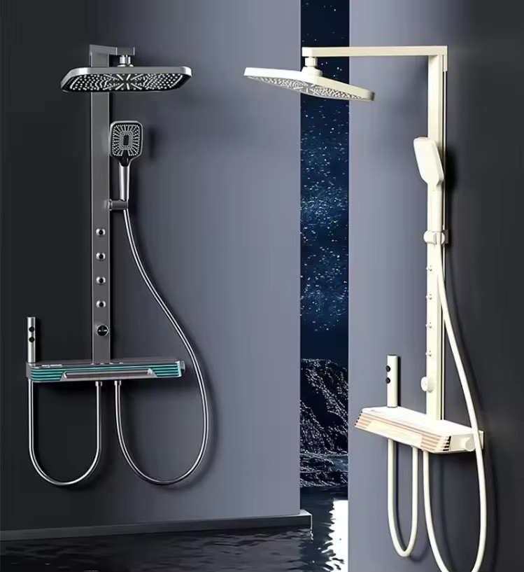 Rain Shower System Overhead Handheld Heads Slide Bar Dual Handle 3-Function Brass Finish Ceramic Cartridge Wall Mount Full Set
