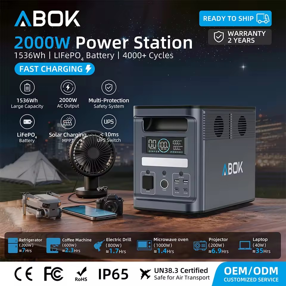 ABOK Duty Free US EU Local Stock 2000W 1536Wh Portable Solar Station LiFePO4 Battery 4000W Peak MPPT Car Compatible Home Use