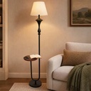 Industrial Floor Lamp with Wood Tray Iron Stand Fabric Shade Multi Plug for Home Office