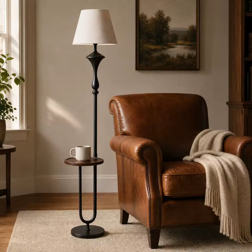 E27 Floor Lamp with Wooden Shelf Table Iron Art Fabric Shade for Living Room Study