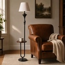 E27 Floor Lamp with Wooden Shelf Table Iron Art Fabric Shade for Living Room Study