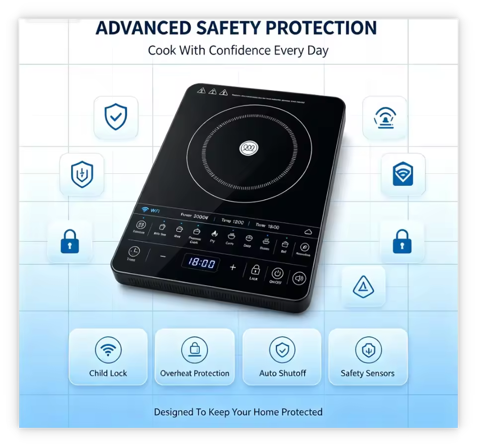Smartphone Remote Shutdown Child Safe Countertop WiFi IOT Induction Hob