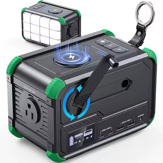 Portable Power Generator 150Wh PD65W Fast Charge Wireless Charging Lithium Ion Hand Crank LED Emergency Camping Light MPPT Pure