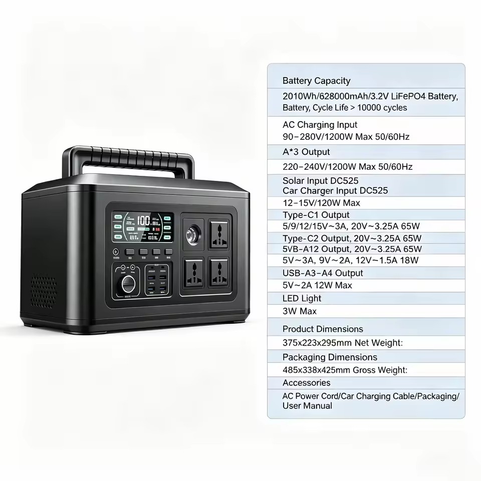 2010Wh LiFePO4 Battery 1200W, 10,000 Cycles. Fast 1200W AC Input. 3*AC Pure Sine Wave. Ideal Off-grid Energy for Heavy Duty.