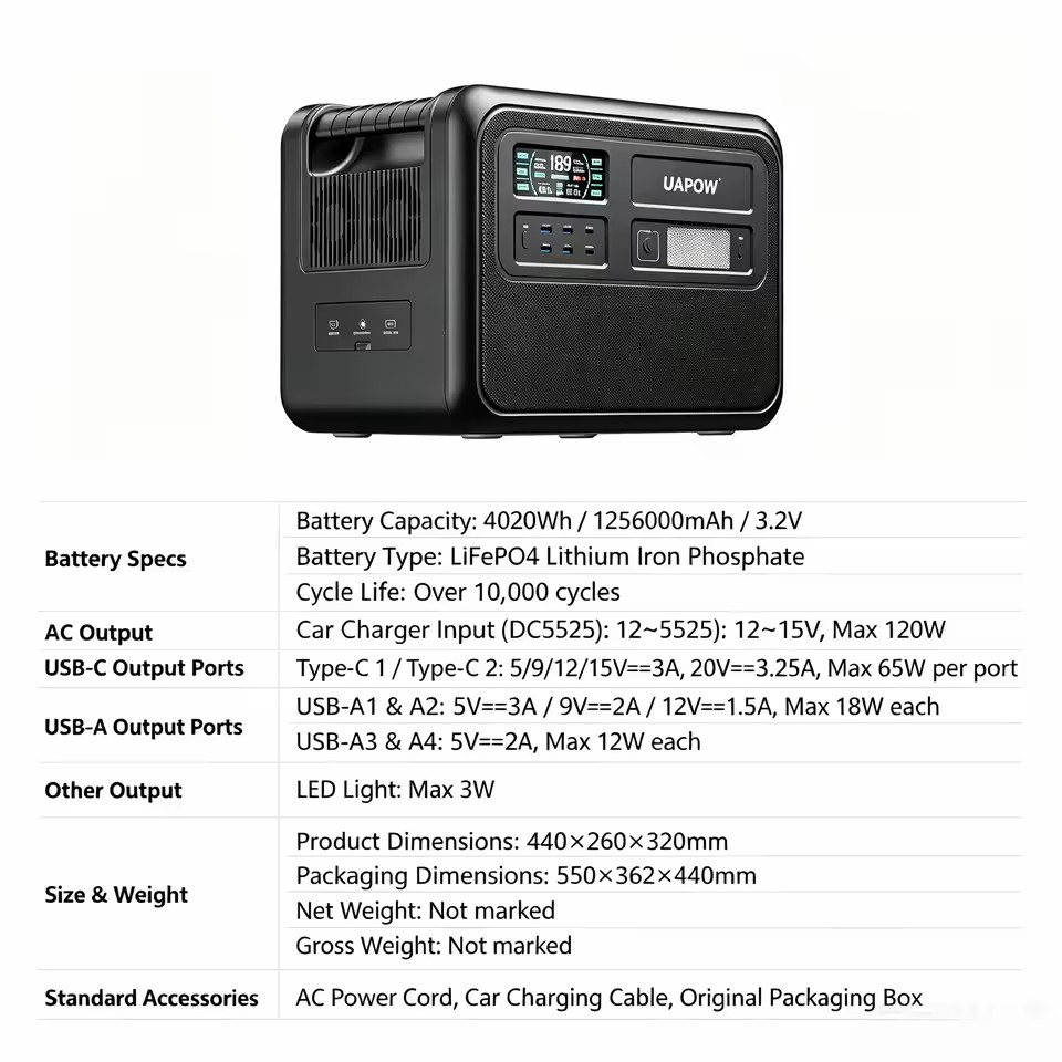 4kWh High Capacity 4020Wh 1200W, 10k Cycles. Fast Charge AC 1200W. Solar Generator for Cabin, Farm & Home ESS Backup.