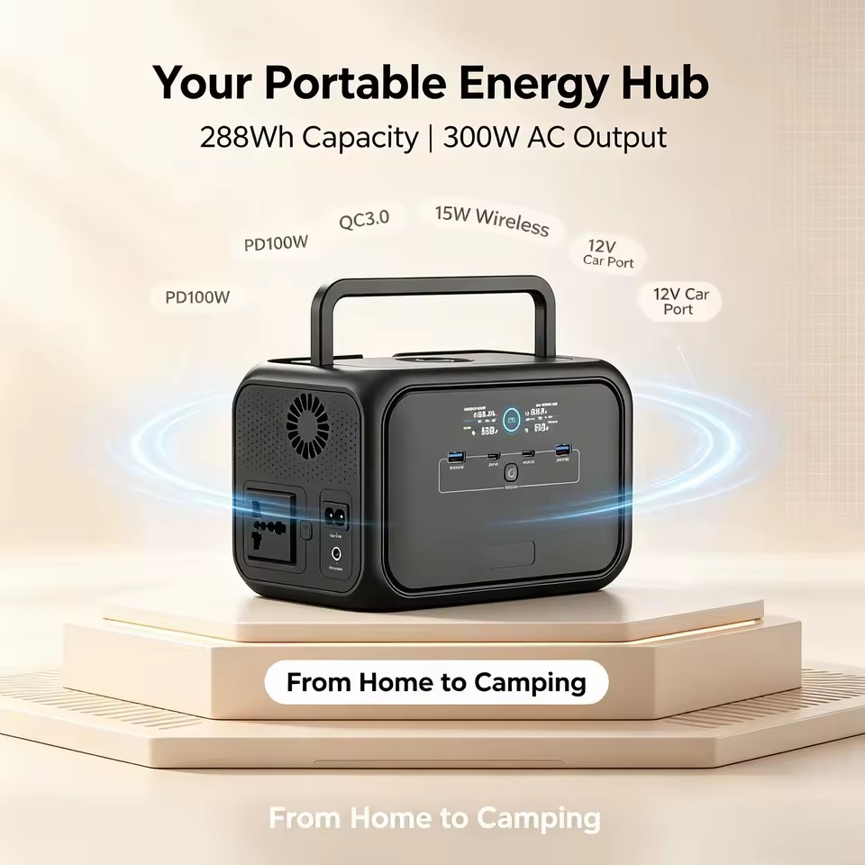 Green Energy 288Wh 300W Station. 12-90V Wide Solar Input. 3kg Compact. PD 100W & Wireless. Clean Silent Generator for Camping.