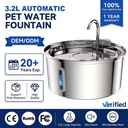 Custom Automatic Cat Dog Water Fountain 3.2L Stainless Steel Pet Water Dispensers Quiet USB Powered Cat Drinking Fountain