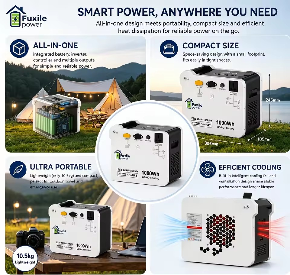 Portable 1000Wh LiFePO4 Pure Sine Wave Power Station 500W with Car Compatibility for Camping Emergency and Outdoor Backup