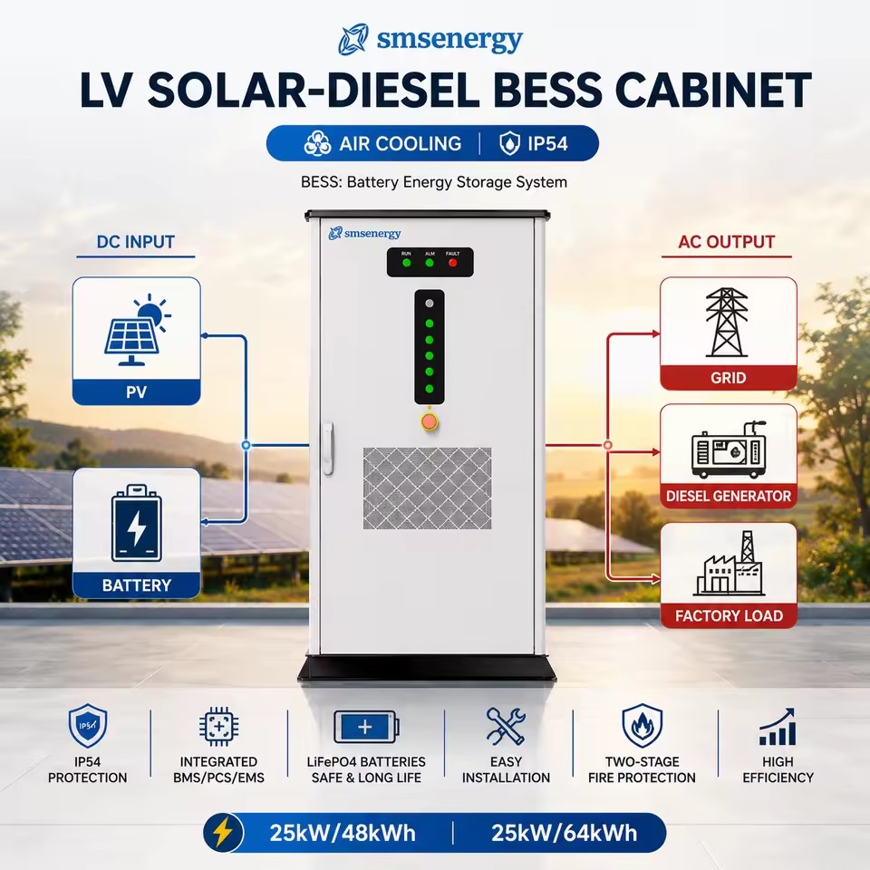 SMS EnergyAll One LiFePO4 Solar Storage System 25kW 48kWh 64kWh Battery Cabinet Hybrid PV Grid Diesel Generator Air Cooling
