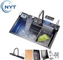 2026 New Design 304 Stainless Steel Single Bowl Nano Black Smart Waterfall Undermount Multifunctional Kitchen Sink