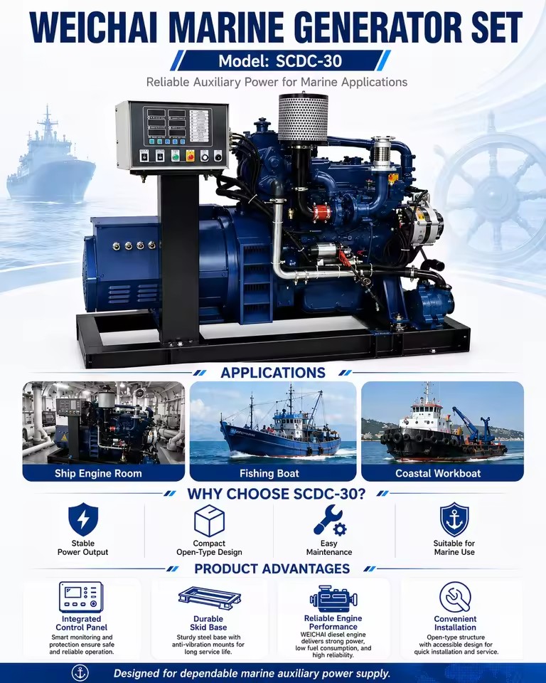 SCDC-30 Weichai WP2.3 Series 30kW 37.5kVA 50Hz 1500rpm Electric Start Marine Generator Set for Inland Waterway Vessel and Ship