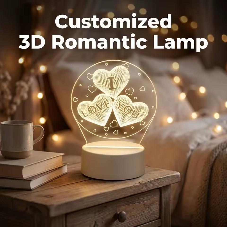 Newish Custom Photo Creative 3D Illusion Acrylic Table Desk Base LED Christmas Lamp Kid's Room Decor Night Light LOVE