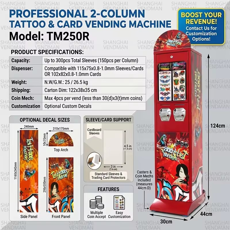 Commercial Automatic Sticker Vending Machine 2 Columns Coin Operated Card Dispenser Machine for Tattoo & Trading Cards Business