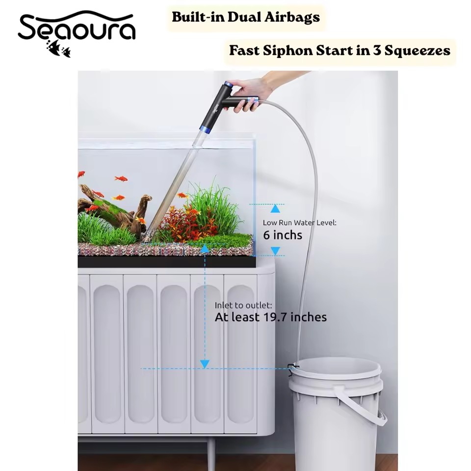 Seaoura SR-528 Safe Aquarium Gravel Vacuum with Anti-Suction Filter Basket Net Spliced Siphon Water Changer for Fish Tank