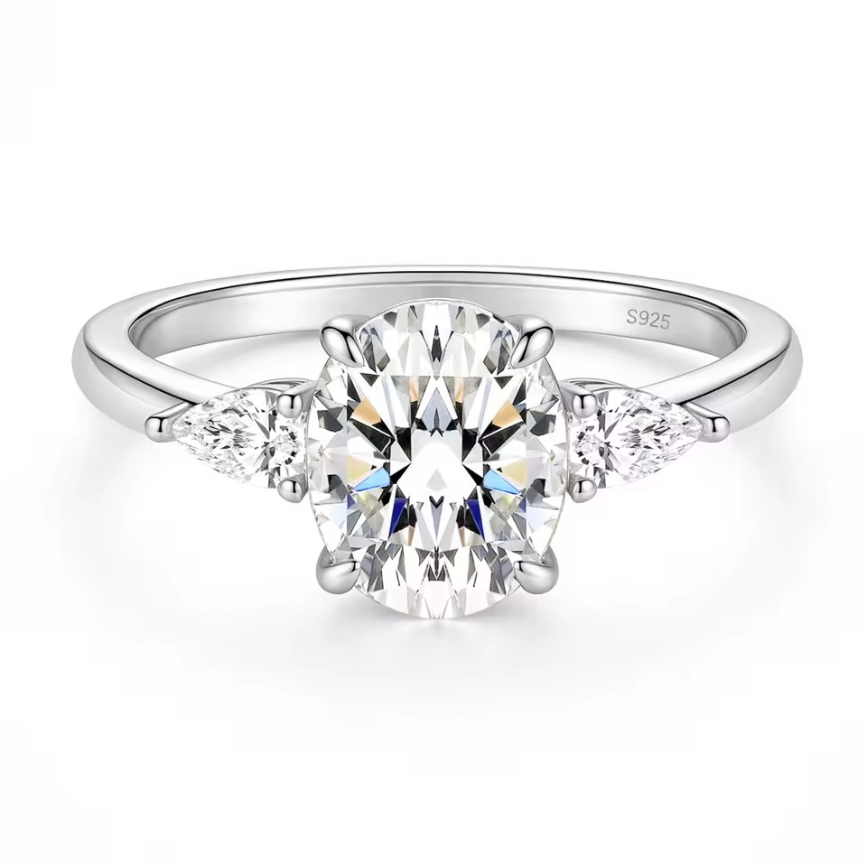 Luxury 925 Sterling Silver Ring 3CT Zircon 3-Stone Oval Cut Wedding Rings Promise Engagement Band for Women Size 3-12