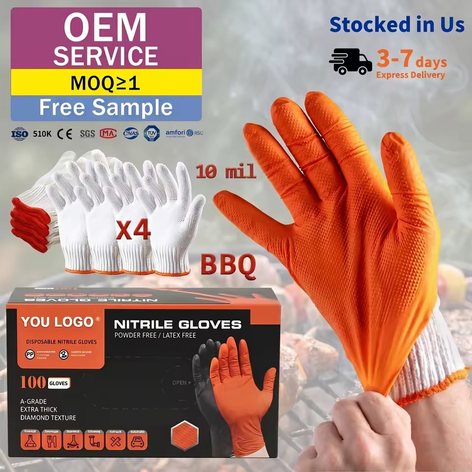 BBQ EN374 10mil Orange Diamond Grip Nitrile Gloves 4 Cotton Liners BBQ Pitmaster Food Safe Guantes De Nitrilo Heavy Duty