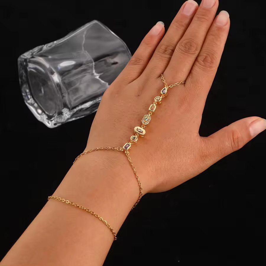 Fashion Gold Plated Stainless Steel Hand Chain Bracelet for Women Waterproof Tarnish Free Geometric Crystal Finger Ring Bracelet