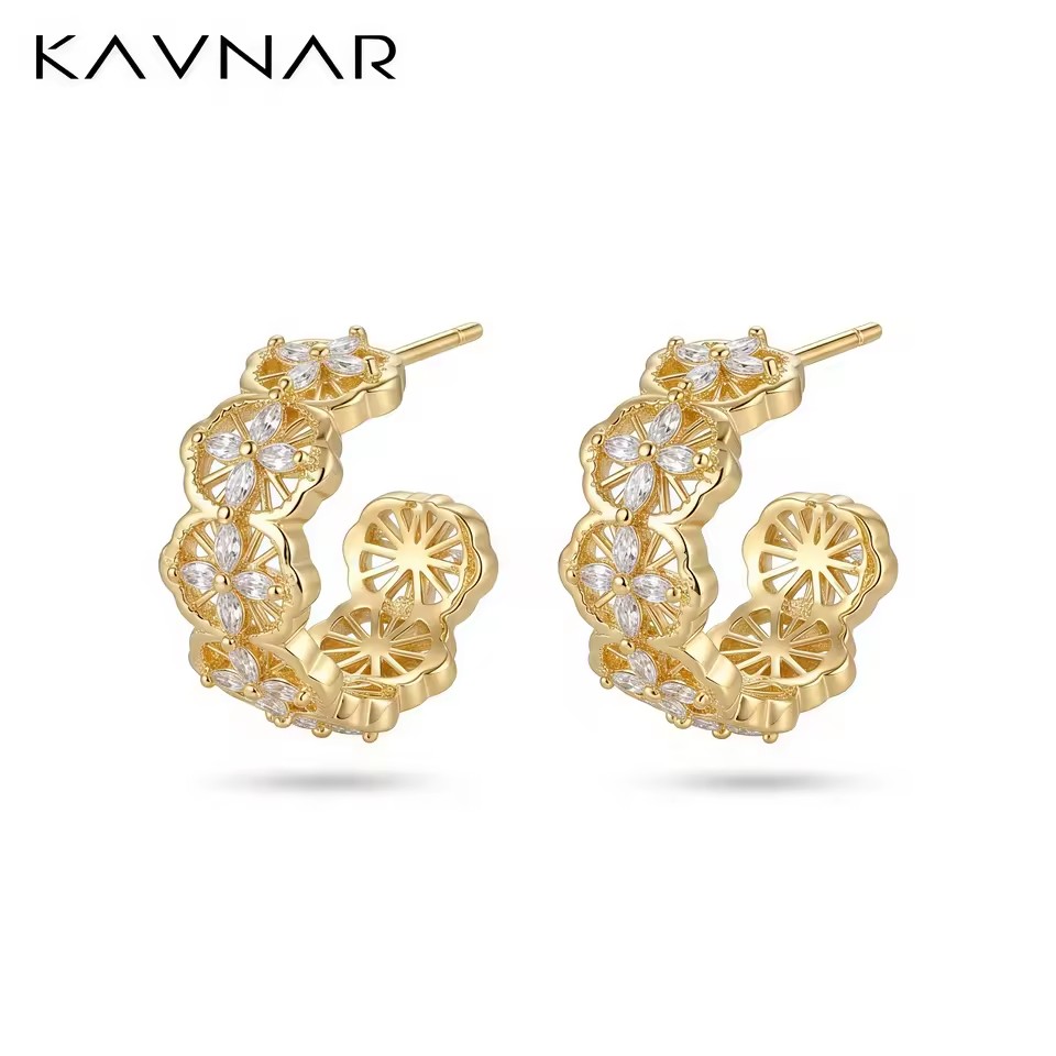 Flower Linked C-Shaped Hoop Earrings 14K Gold Plated Brass Central CZ Accent Dainty Sweet Nickel-Free OEM Custom