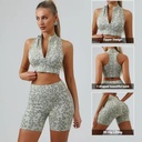 Custom Logo Yoga Set Seamless Leopard Print Zipper Crop Top 2 Piece Workout Shorts Set 3D Hip Lifting Gym