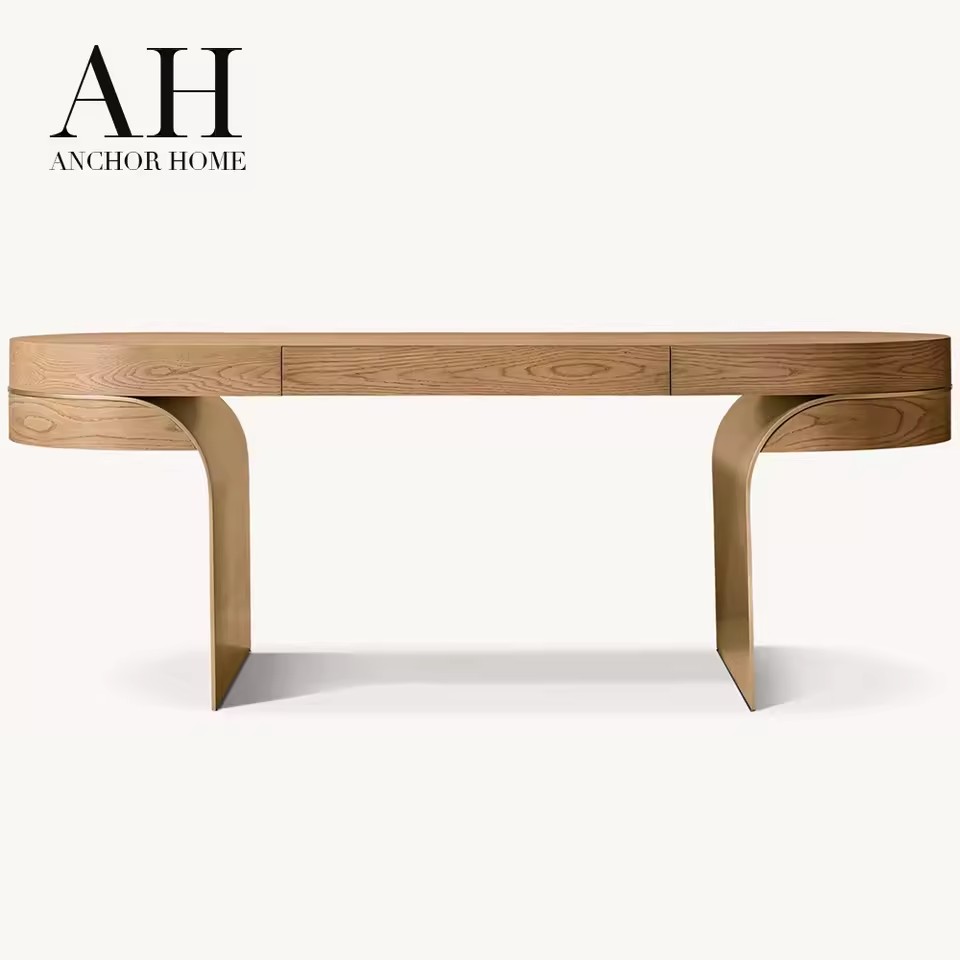 Elegant Mid-Century Light Oak 3-Drawer Console Desk with Gold Metal Wave Legs Rounded Ends for Living Room Hallway OEM Custom