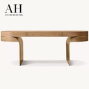 Elegant Mid-Century Light Oak 3-Drawer Console Desk with Gold Metal Wave Legs Rounded Ends for Living Room Hallway OEM Custom