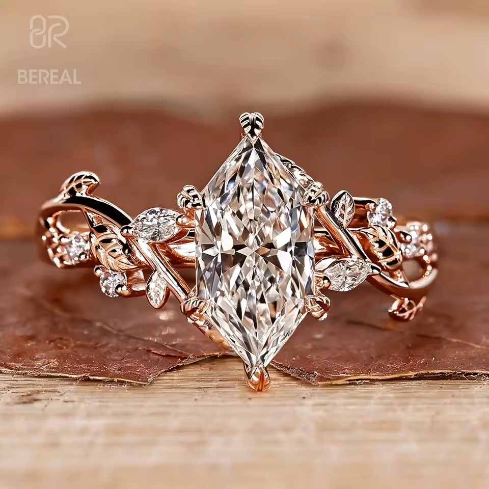 Custom Nature Inspired Vvs Dutch Marquise Lab Created Diamond Engagement Ring Women Vine Grown Diamond Side Stone Ring Jewelry