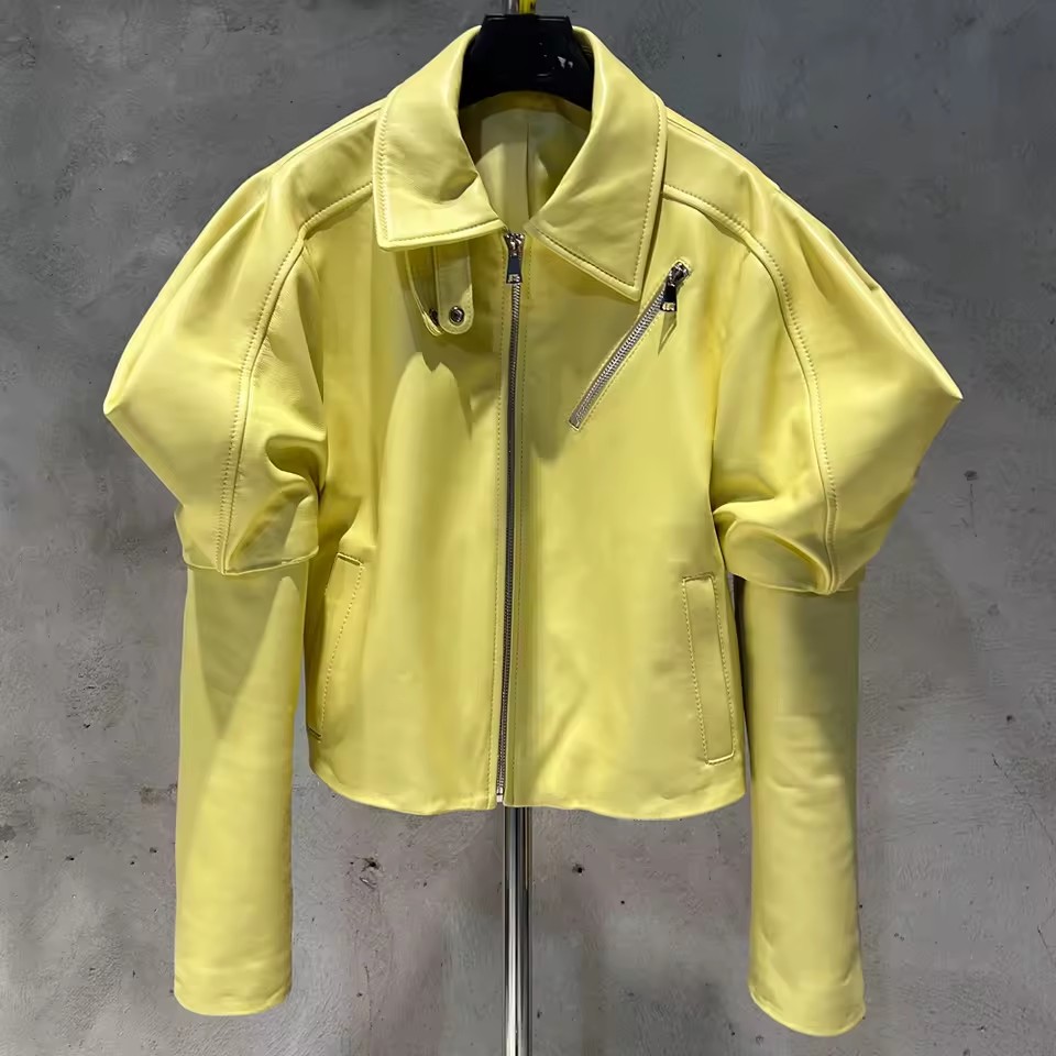 Stand Collar Women's Puff Sleeve Leather Jacket Genuine Leather Outerwear Stylish Genuine Leather Jacket