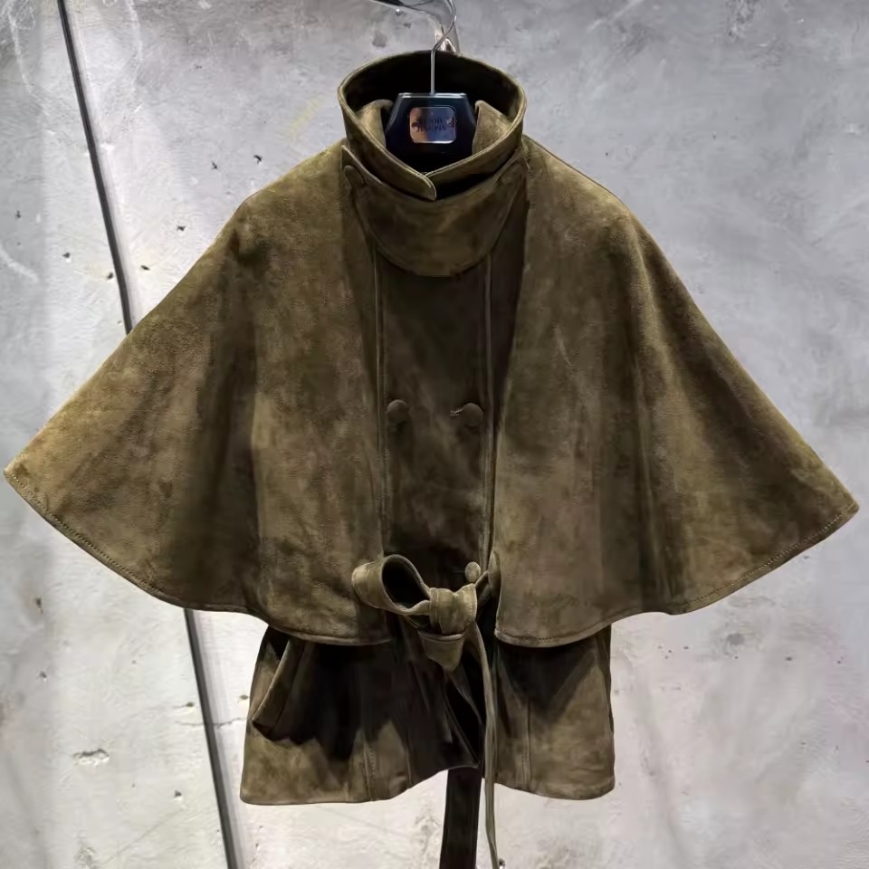 High Stand Collar Batwing Sleeve Jackets Real Sheep Leather Jacket Women's Leather Cape Jacket