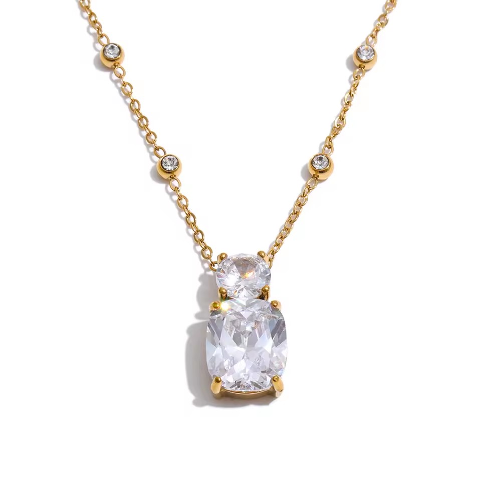 JINYOU 5662 Double Geometric Cubic Zirconia Pendant Necklace 18K Gold Plated Stainless Steel Necklace