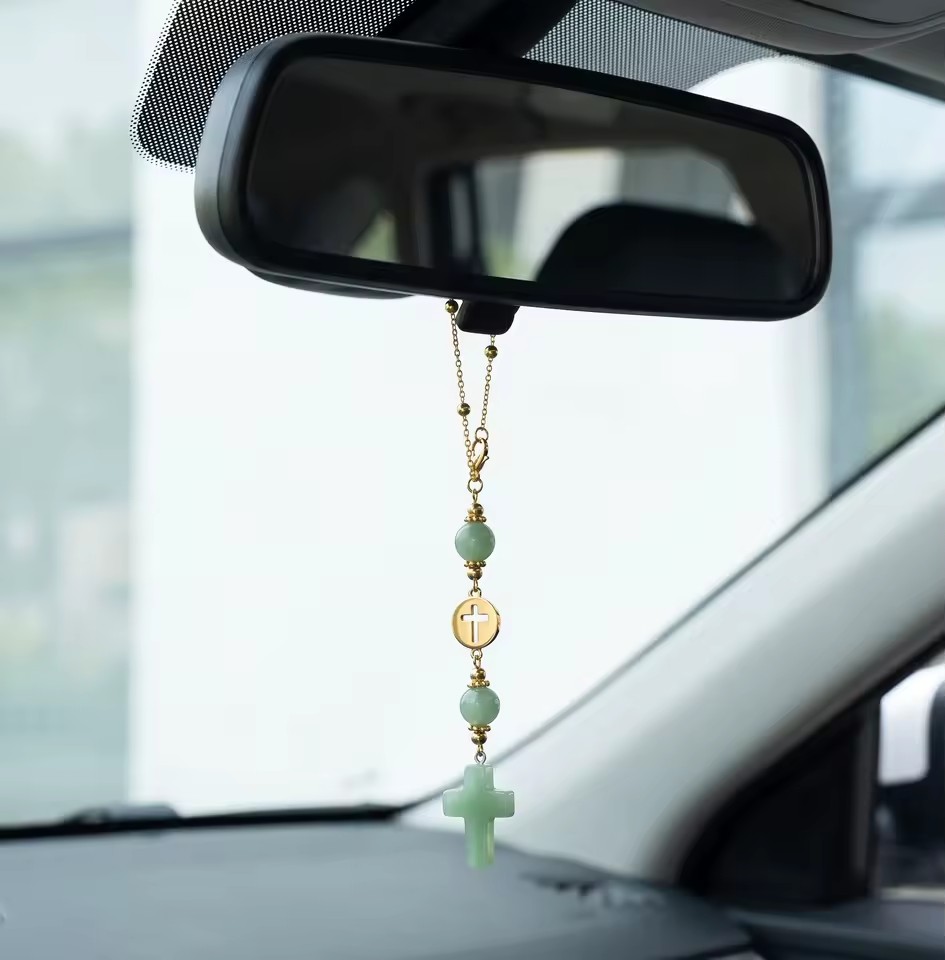 Faith Cross Gemstone Beaded Rearview Mirror Hanging Ornament for Religious Christian Driving Protection Gift