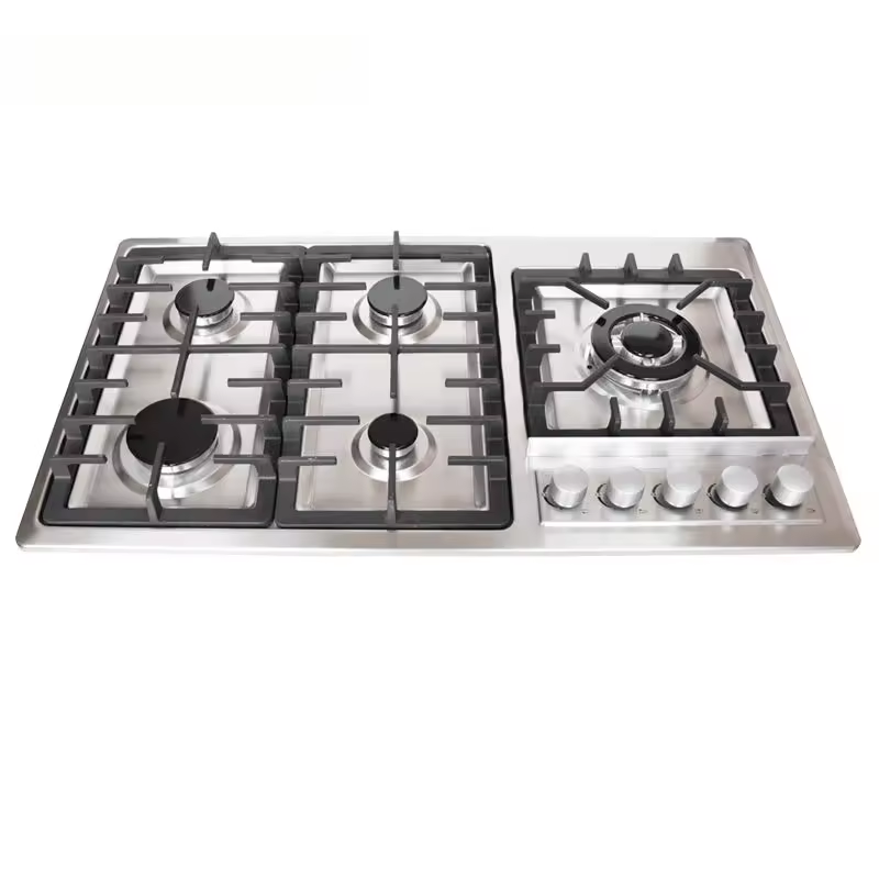 Stainless Steel Five Burner Gas Stove with Tempered Glass Surface LPG Compatible Central Island Design for Modern Kitchens