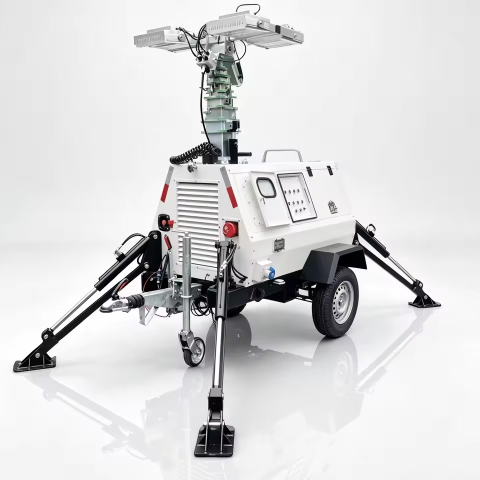 Hydraulic fully-automated lifting mast trailer-mounted diesel generator-powered lighting light tower