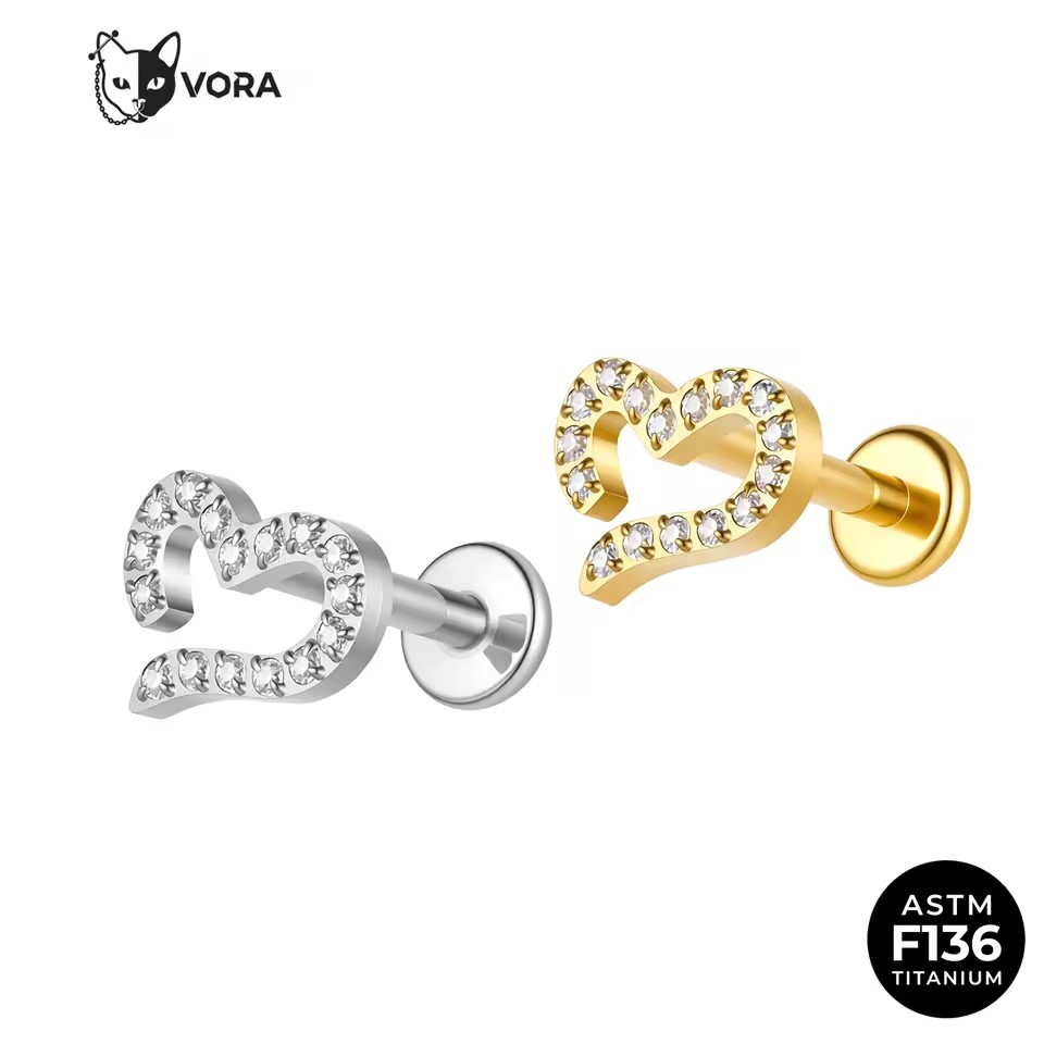ASTM F136 Titanium Heart Labret Stud Internally Threaded Paved CZ Hollow Heart Ear Cartilage Helix Tragus Fine Piercing Jewelry