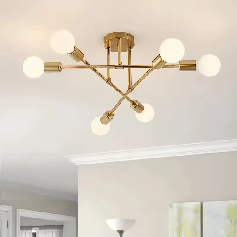 Modern Nordic 6-Light Sputnik LED AC Gold Metal Semi-Flush Mount Sensor Control High CRI 95 3500K Warm White Ceiling Chandelier