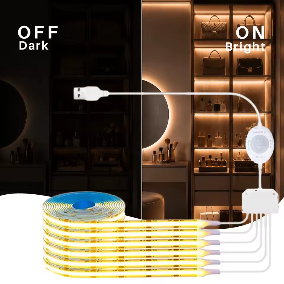 5V USB COB LED Light Strip Kit with Motion Sensor (Includes 6-way junction box; suitable for wardrobes)
