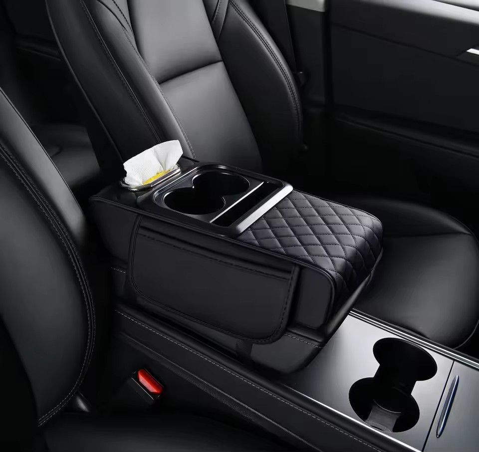 All-In-One Luxury Multifunctional Leather Front Armrest Storage Box Tissue Water Cup Holder Heightened Central Armrest Pad